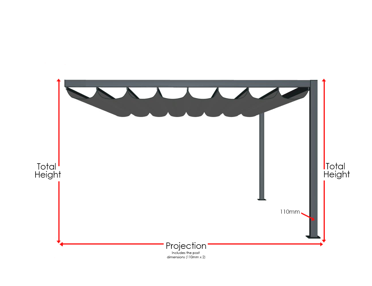 side view of retractable pergola with measuring details